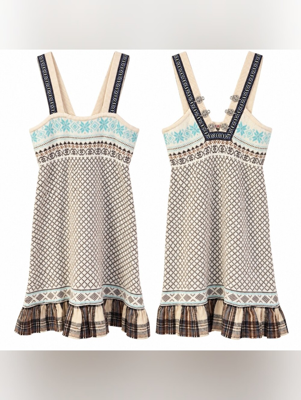 Ivory Knit Pinafore Dress with Blue Snowflake Detail Sz S